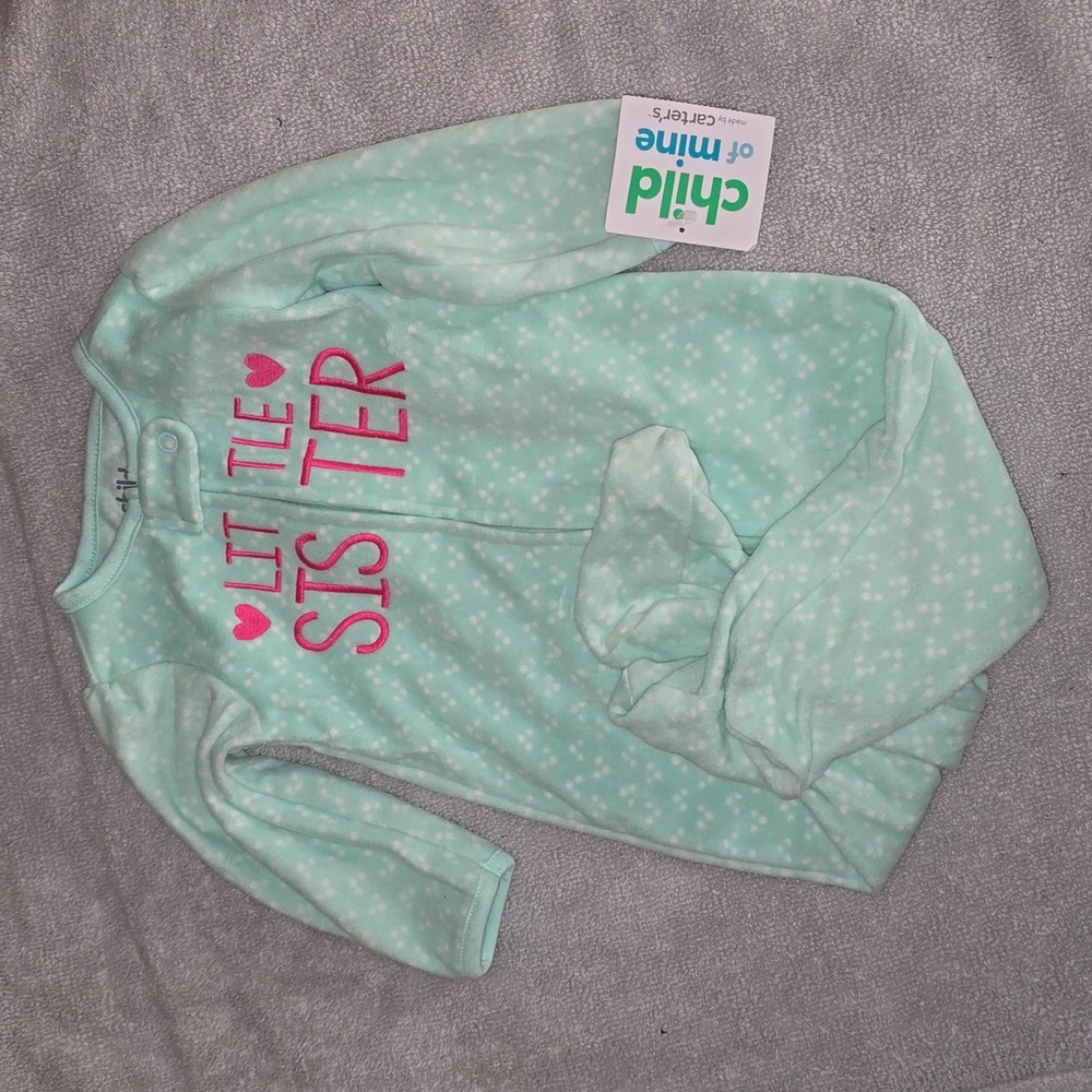 Child of mine, baby sister onesie, teal in color